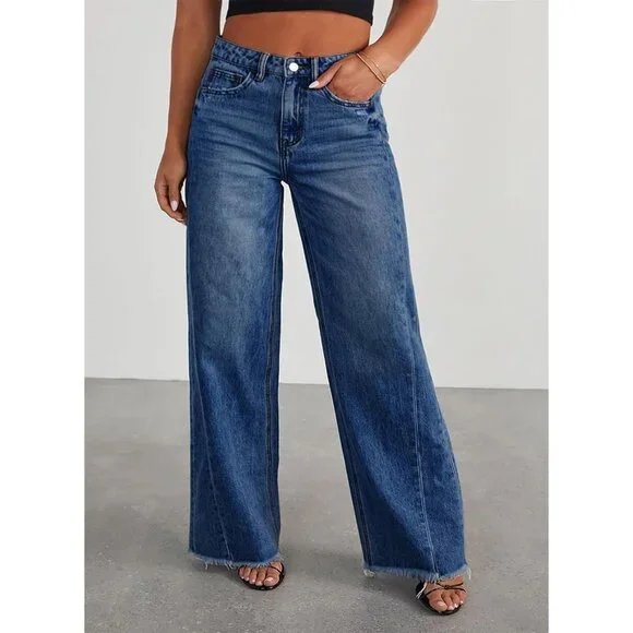 Plus Size Wide Leg Jeans Cotton Blend High Waist Raw Hem Pockets
